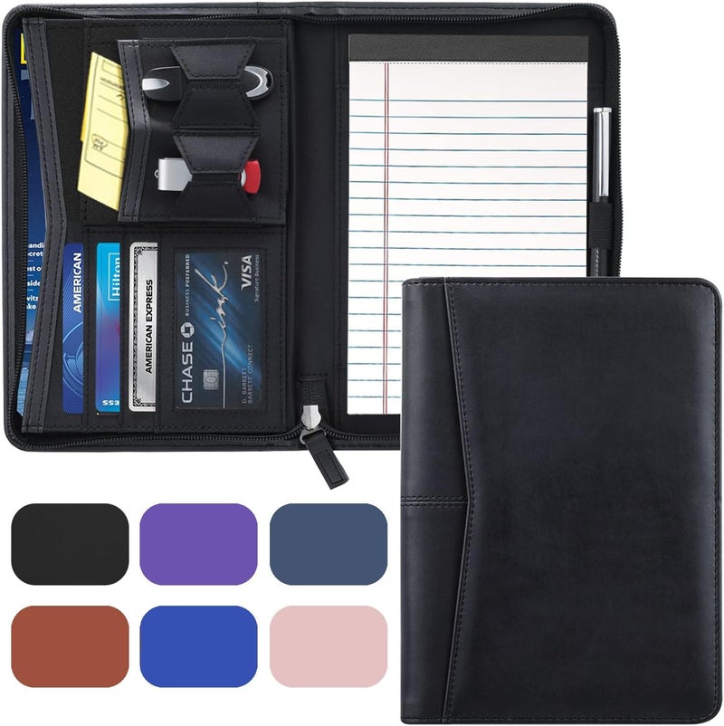 Gorbado Small Portfolio Organizer, A5 Zippered Business Portfolio, Junior Padfolio Folder Binder for Women & Men, 5 x 8 Writing Pad Included, Black - Image 1